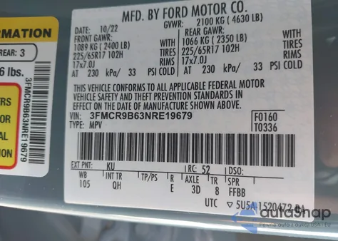 2022 Ford Bronco Sport Big Bend z USA, uszkodzony, nr VIN 3FMCR9B63NRE19679